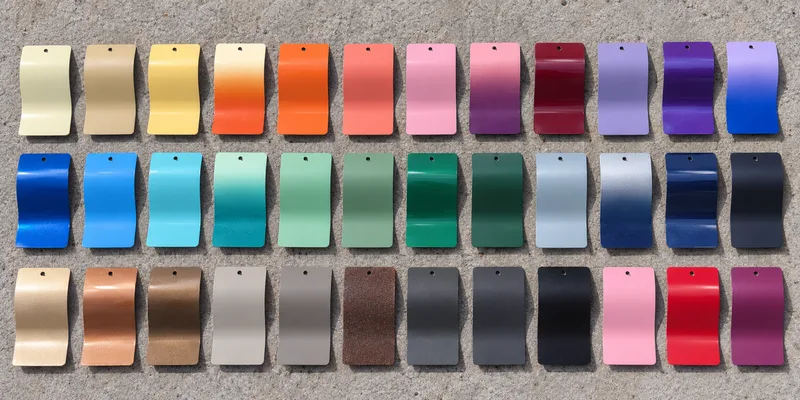 Three rows of powder coated sample panels laid out on concrete, from cream and orange through blues and greens to metallics and black